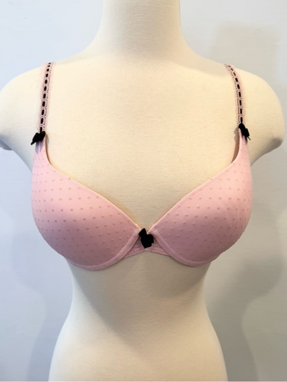 Victoria’s Secret Sexy Little Things Pink Black Bows Swiss Dot Bra 34C